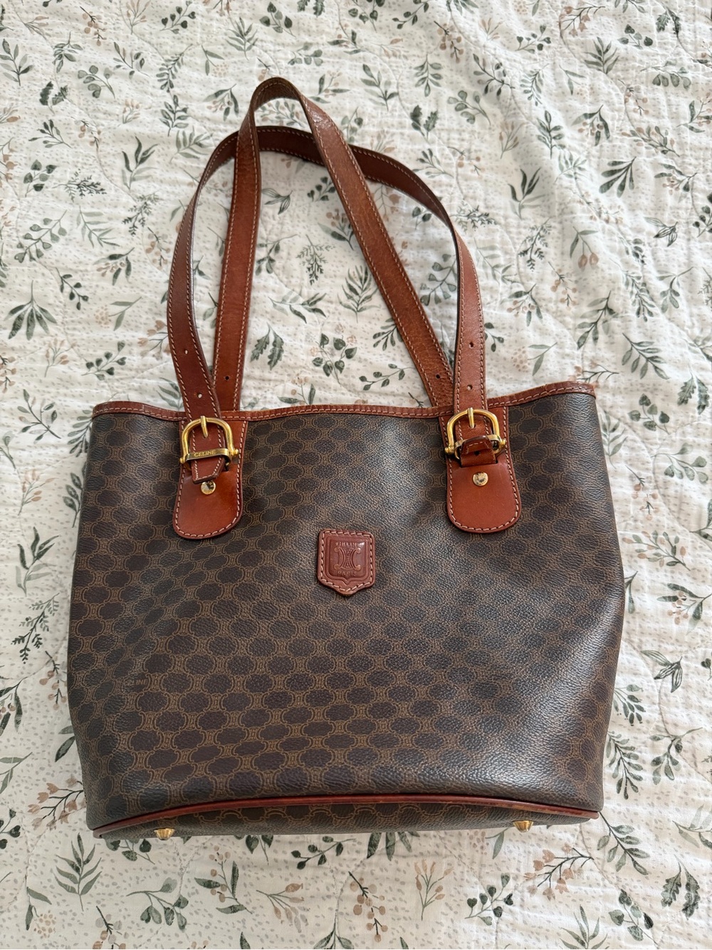Celine Macadam Triomphe Vintage Tote Bucket Bag Brown Coated Canvas Purse